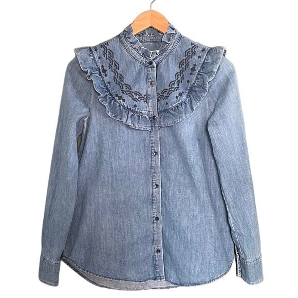 Paris Atelier & Other Stories Embroidered Western Denim Boho Shirt Womens Size 4 - Picture 1 of 11